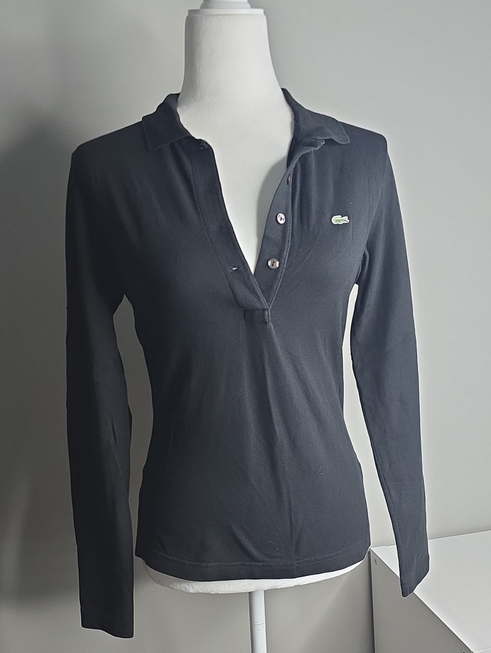 Lacoste Black Long-Sleeve Polo Top with Green Crocodile Emblem